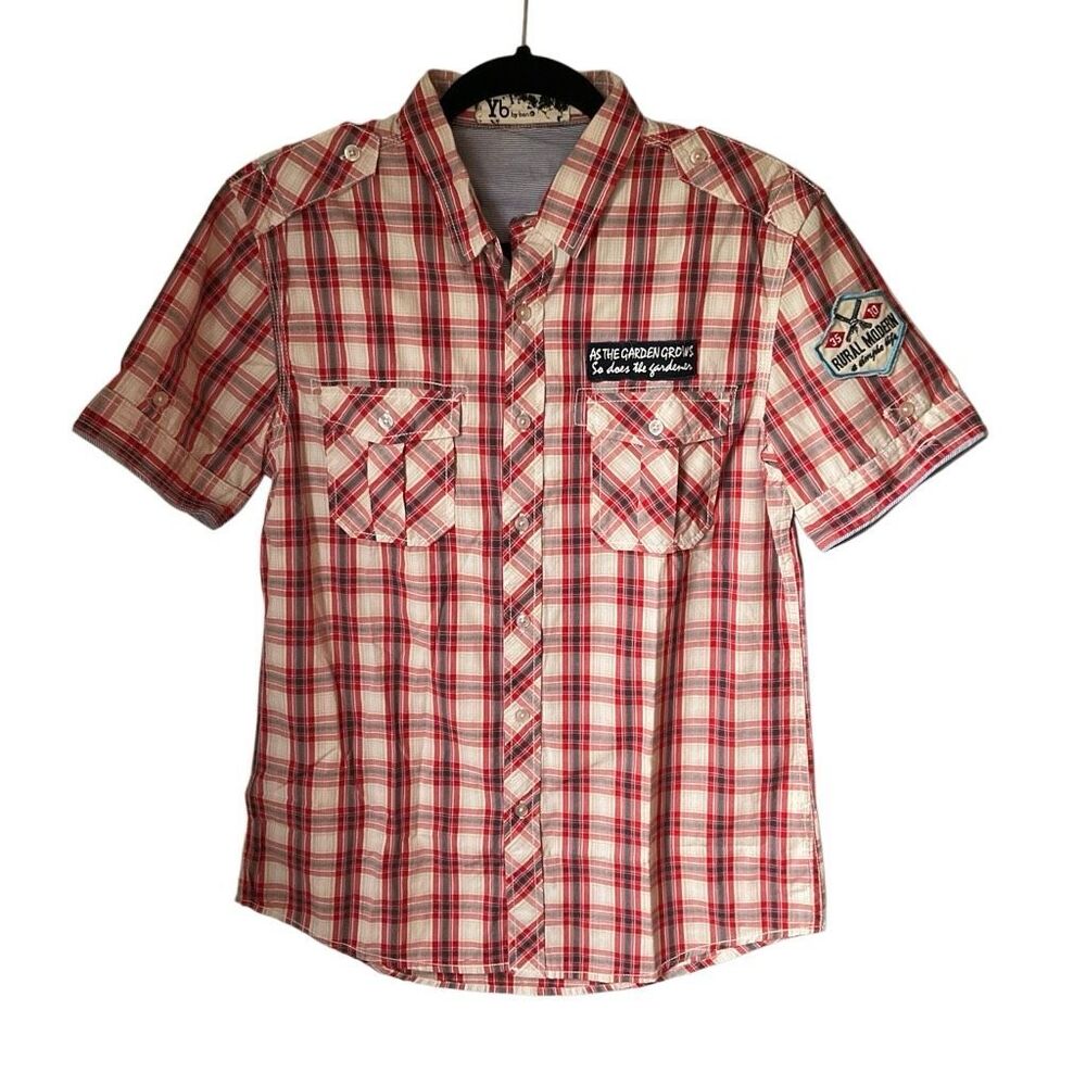 Short Sleeve Plaid Pocket Patch Shirt, Medium